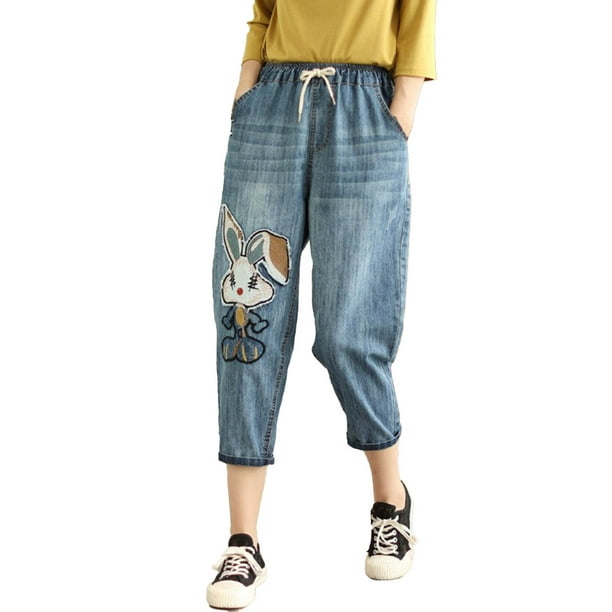 Gibobby Pantalones para mujer Mujer Casual Cómodo Bordado Literario  Elástico Cintura Alta Corte Pantalones Jeans(Marrón,XL)
