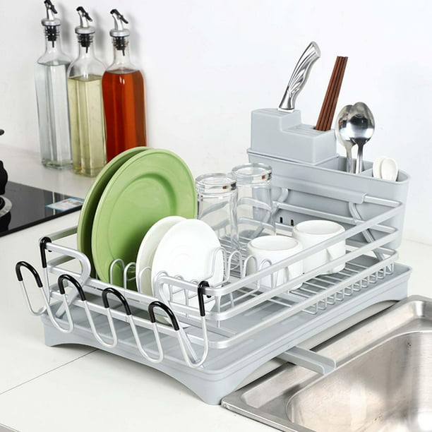  Escurridor de platos – Escurridor grande de 2 niveles para  encimera de cocina, escurridor de platos plegable con soporte para  utensilios para platos, cuchillos, cucharas y tenedores, color negro : Hogar