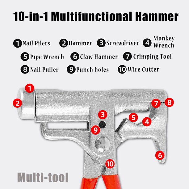 Alicates multifuncionales de bolsillo para martillo 10 en 1, herramienta  multiusos con martillo de Llave de tubo