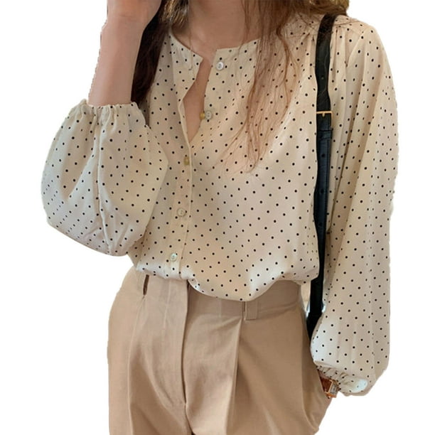 Camisa de punto redondo para mujer, manga larga, cuello en V, botones,  ajuste holgado, blusa ligera Adepaton