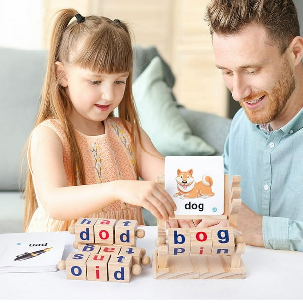 Juguetes Montessori para niños de 2, 3 y 4 años, bloques de lectura de  madera, tarjetas flash, vocales cortas, giratorias, letras a juego, juguete