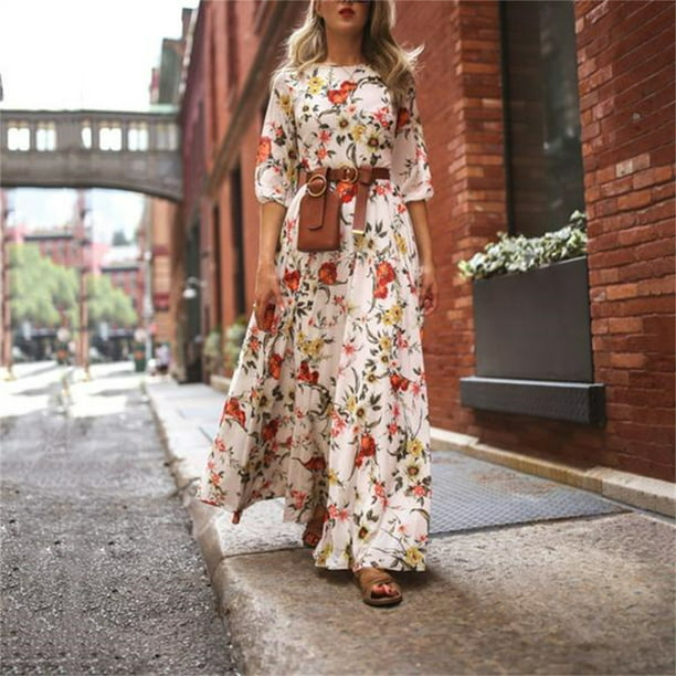 Txlixc Maxi Vestido de manga larga para mujer Vestido suelto de flores con columpio Vestido de playa Txlixc moda | línea