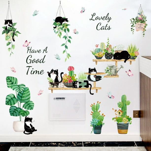 Un conjunto de pegatinas de pared de gatos bonitos, pegatinas decorativas  de plantas en maceta, decoración de pared para dormitorio, baño, sala de  estar y oficina JAMW Sencillez