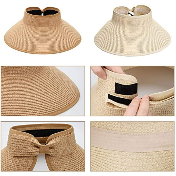 Vicera de paja plegable para mujer sombrero para playa alas ancha ajustable