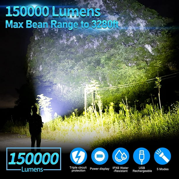Linternas LED recargables de altos lúmenes, linterna potente súper  brillante de 150000 lúmenes, 5 modos de luz, linterna impermeable IPX6 para  acampar al aire libre (longitud)