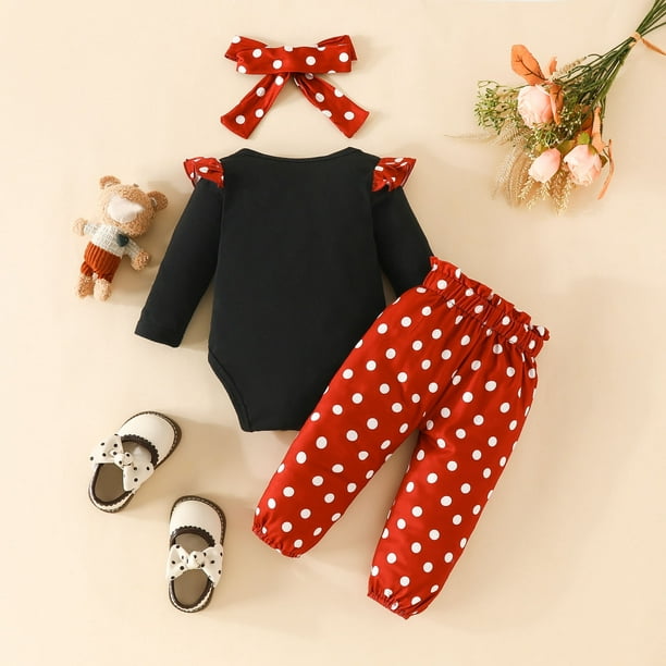 Gibobby Conjunto para bebé niña con estampado de animados de manga larga  para niñas pequeñas, pantalones, diademas, trajes(Rojo,0-3 Meses)