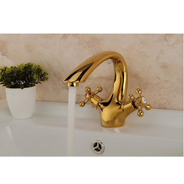 Grifo de baño moderno dorado para lavabo, doble manija, latón