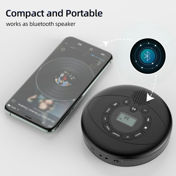 Reproductor de CD recargable portátil con Bluetooth, compacto y antisaltos,  a prueba de golpes, reproductor de CD Walkman con auriculares, altavoces