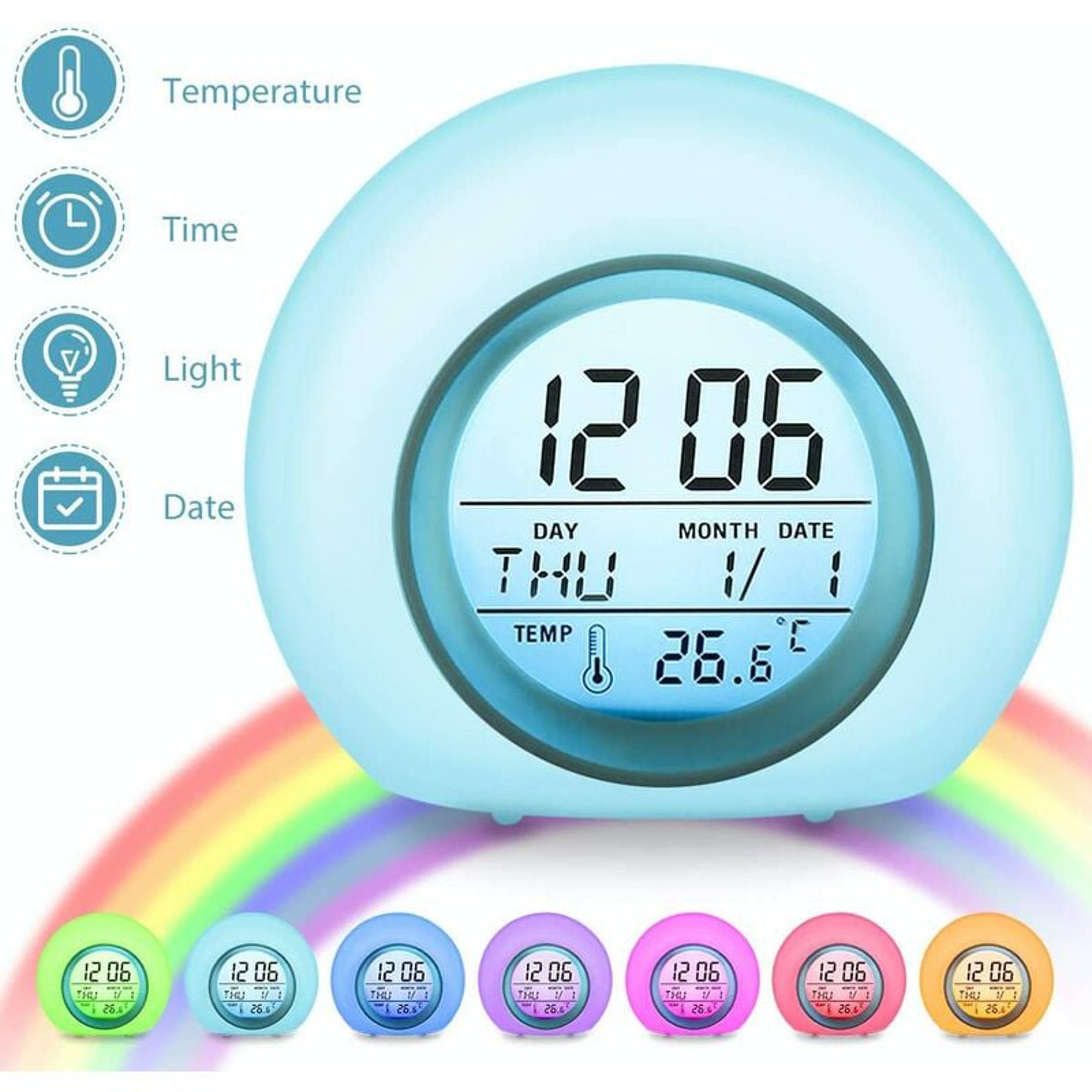 Luz LED digital relajada, colores brillantes, alarmas y sonidos, muestra la  hora, la fecha y la hora de la alar…