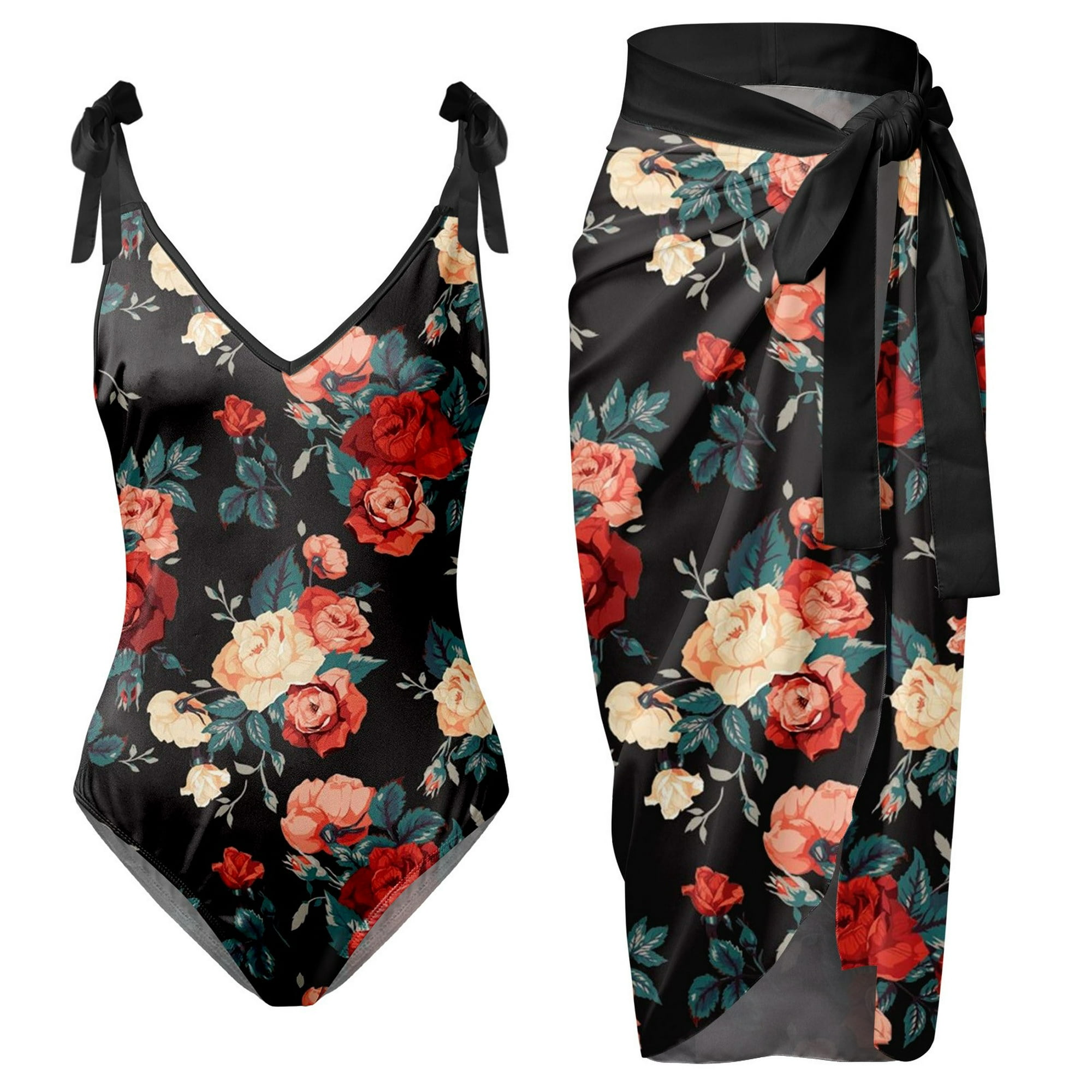 Gibobby traje de baño de una pieza traje de baño con estampado de flores y cuello en v para mujer conjuntos de bikini con falda y delantal(Negro,ch)