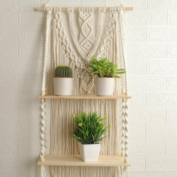 Estantes colgantes para pared, estante de pared de madera con cuerda tejida  estilo nórdico, colgador de plantas, maceta o cesta para colgar de la