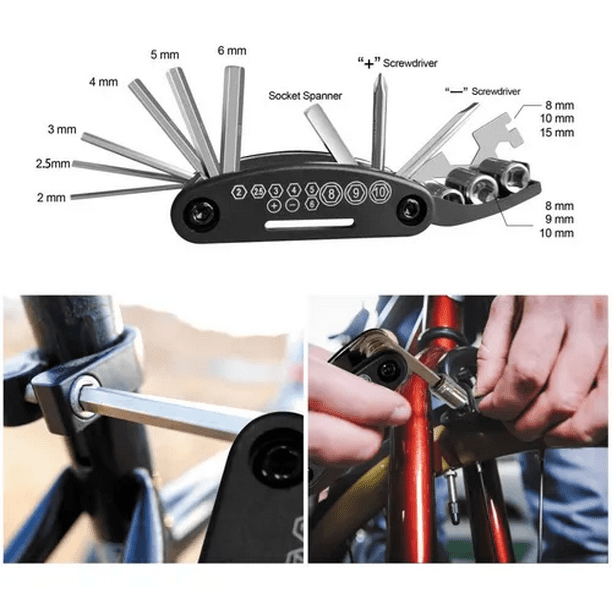 Herramienta Para Reparación De Bicicleta Multifuncional Kit 16 En 1  Malubero Color Negro