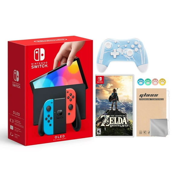 2021 new nintendo switch oled model neon red  blue joy con 64gb console hd screen  lanport dock with the legend of zelda breath of the wild and mytrix wireless pro controller and accessories nintendo hegskabaa