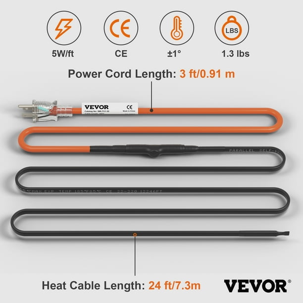 Cable calefactor de tubería, cinta térmica autorregulable de 24 pies para  protección contra congelación de tuberías, protege la manguera de PVC
