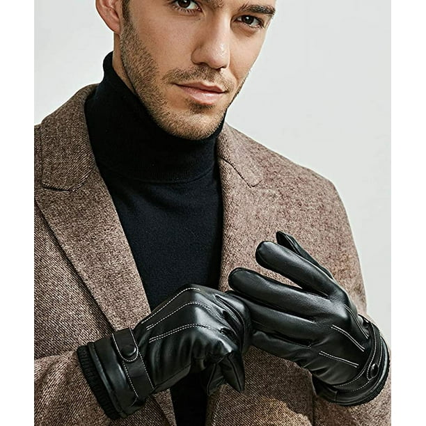 HFSKJWI Guantes de cuero cálidos para hombre, guantes de invierno con  pantalla táctil, guantes de cuero grueso de terciopelo, forro polar