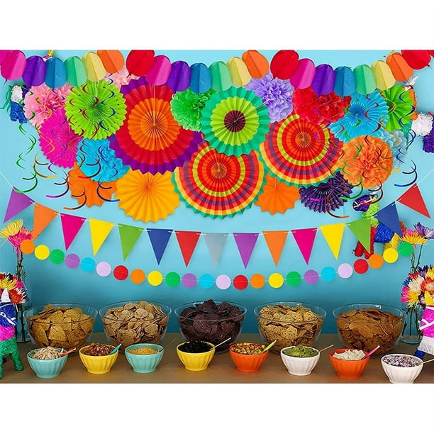Decoración de fiesta de cumpleaños, colorido cartel de feliz cumpleaños con  pompones de flores, guirnalda de papel circular, remolino colgante para
