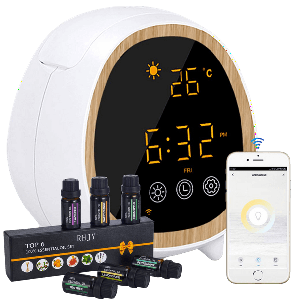 Difusor WiFi de Aceites Esenciales y Humidificador para Aromaterapia (200  ml) compatible con Alexa y Google Home + 6 Aceites Escenciales