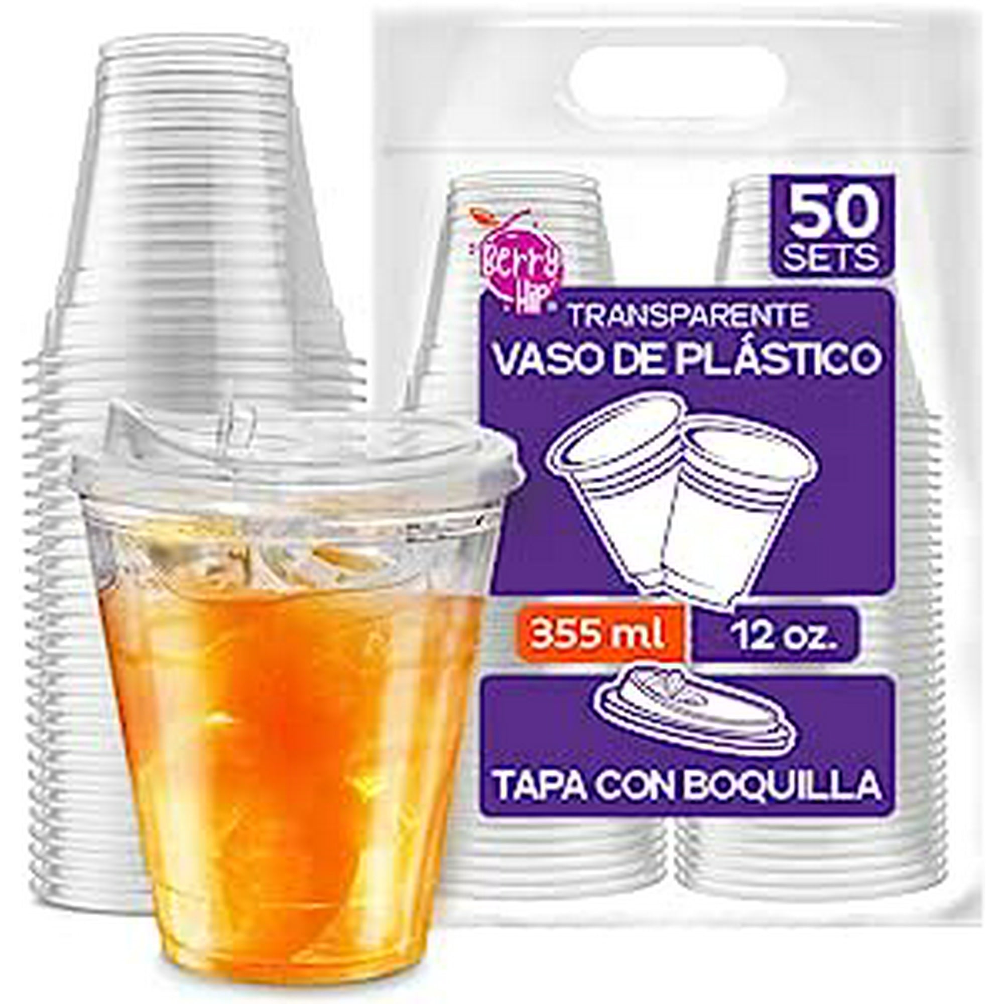 Berry Hip 100 Vasos de Plastico de 24 oz (710 ml) con Tapa con Boquilla  Transparentes, Desechables, Best Trading VTB24-2