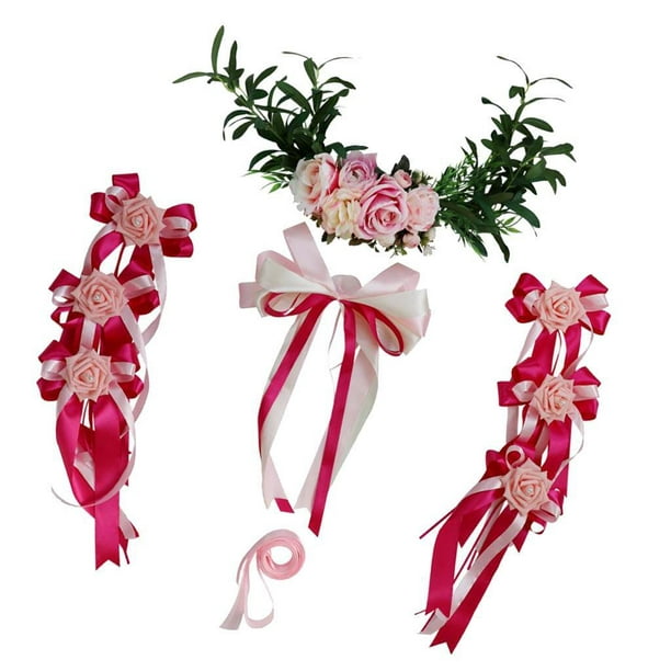 Kit de decoración de coche de boda, cinta y lazo de flores de seda