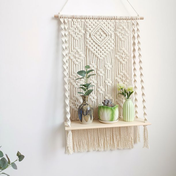 Estante de madera de macramé para pared, estante de esquina bohemio para  decoración del hogar, organizador