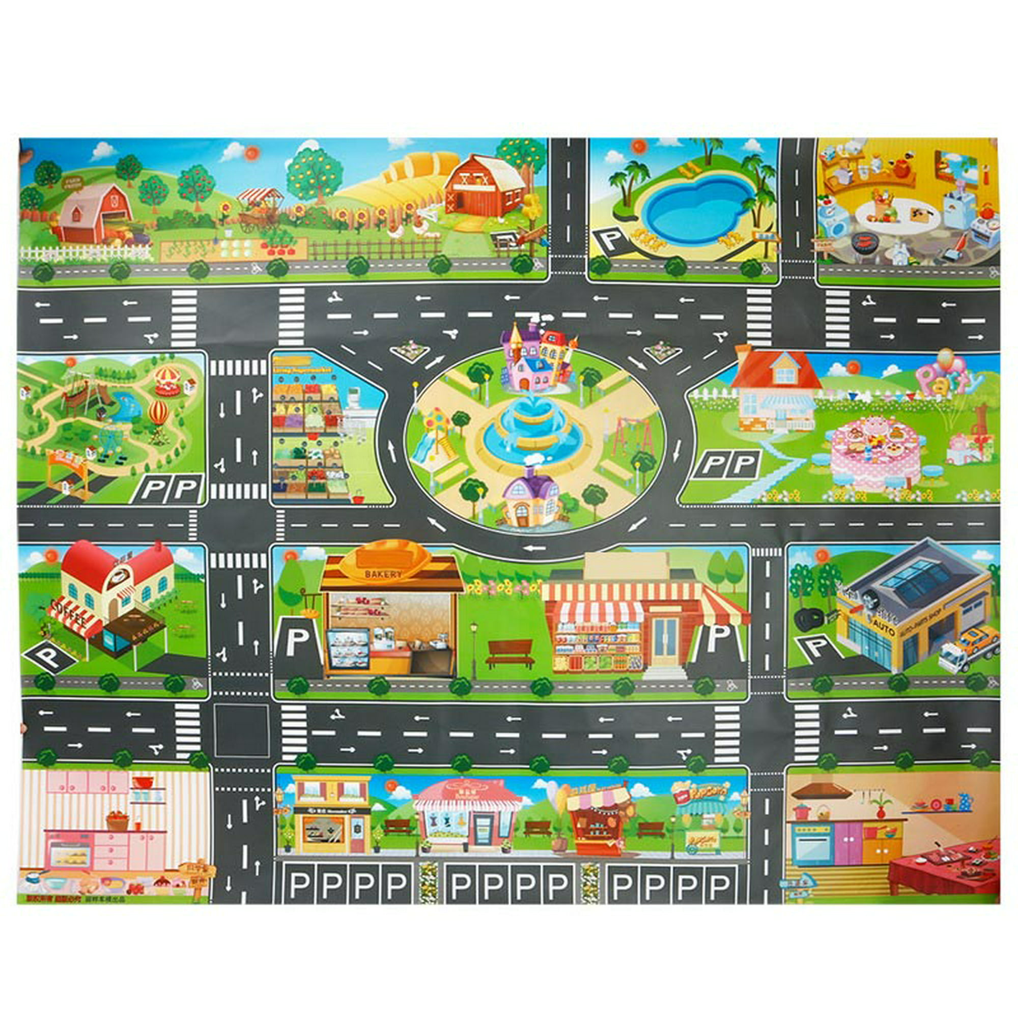 Alfombra infantil para jugar, diseño de ciudad con carreteras por