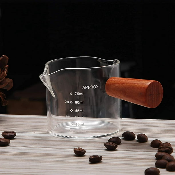 Taza medidora de vidrio, taza de leche de vidrio expreso con mango de  madera, vaso de chupito transparente para café leche (01)