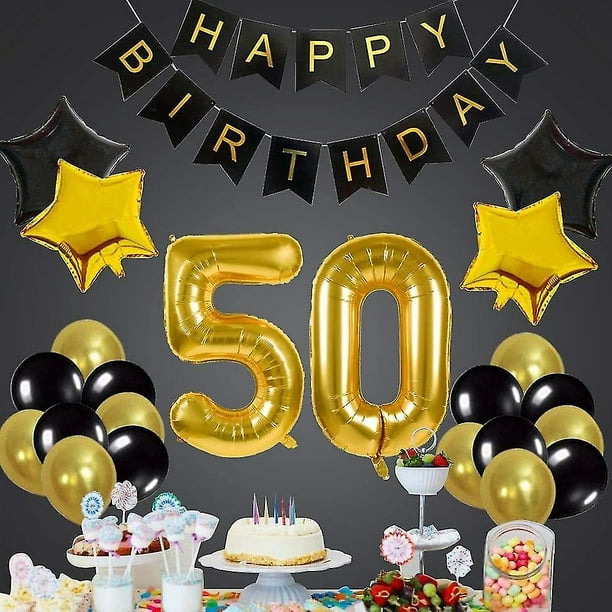 Globo de decoración de cumpleaños número 50 en negro y dorado, pancarta de  feliz cumpleaños, globos de papel de aluminio dorado 50, globos de