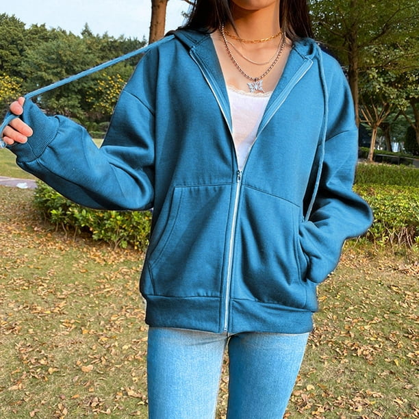  Sudaderas con capucha para mujer, con cremallera, de gran  tamaño, con cordón, ombliguera, blusa de manga larga, Azul : Productos para  Animales
