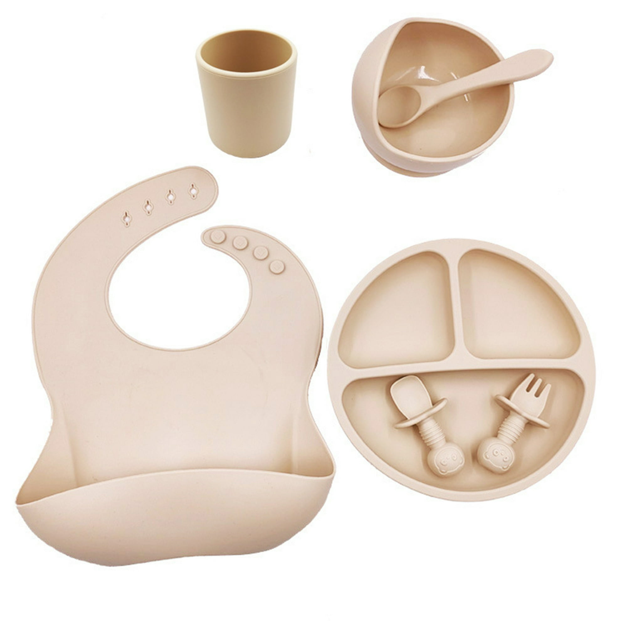Juego de vajilla de silicona para bebé, 6 piezas, tazón con ventosa,  babero, taza, tenedor, cuchara, suministros para madres y niños sin BPA