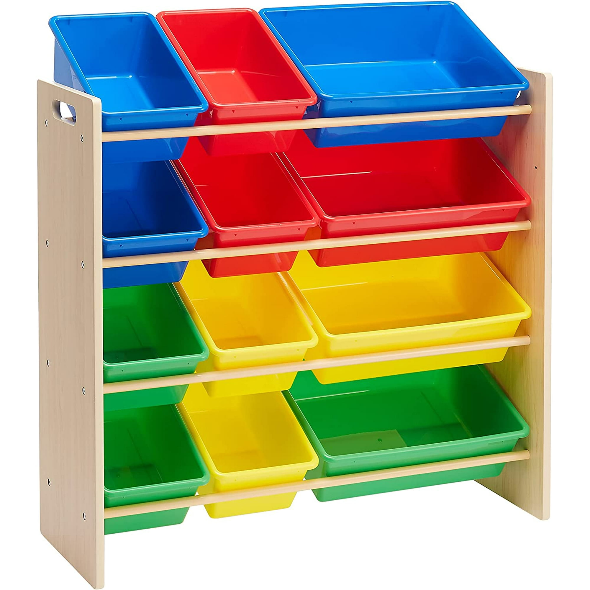 Organizador de almacenamiento de juguetes para niños con 4 estantes, 2  azules, 2 verdes, 2 amarillos, 2 cubos de plástico rojos, perfecto para