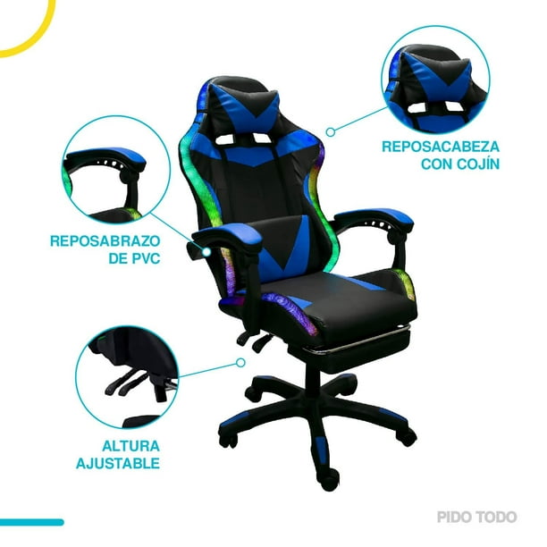 Silla de escritorio ergonómica gamer de tela de color azul con reposapiés y  dos almohadillas Woltu