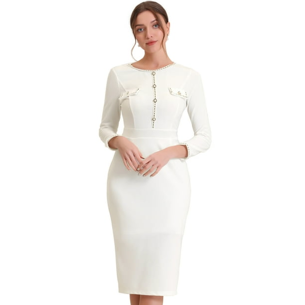 reputación Patriótico Gorrión Vestido con botones en la parte delantera para mujer Vestidos elegantes de  color de contraste de tweed blanco L Unique Bargains Vestido | Walmart en  línea
