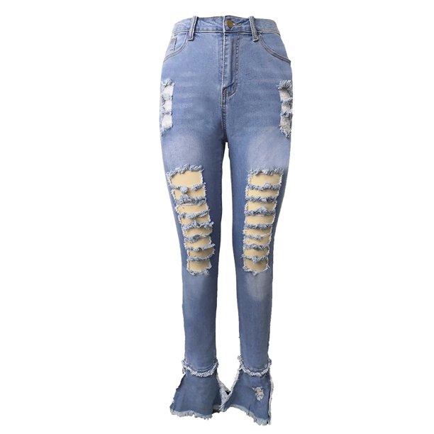 Puntoco Mujer Botón Cintura Alta Bolsillo Leopardo Agujero Jeans Pantalones  Slim Denim Pantalones Puntoco Puntoco-2629