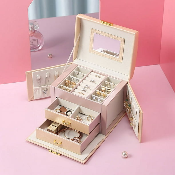 Joyero rosa con 2 cajones, organizador de joyas con cerradura y espejo,  caja de viaje extraíble