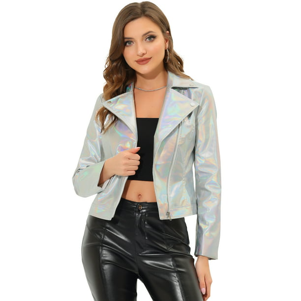 evolución Medio multa Chaqueta metalizada estilo motorista con cremallera brillante holográfica  para mujer Plata XS Unique Bargains chaqueta | Walmart en línea