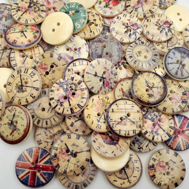 Paquete de 50 piezas 20 mm Nuevo estilo vintage Botones de reloj de madera  artesanales mixtos a granel populares Botones de madera redondos de dos  agujeros Accesorios de costura Botones decorativos JFHHH