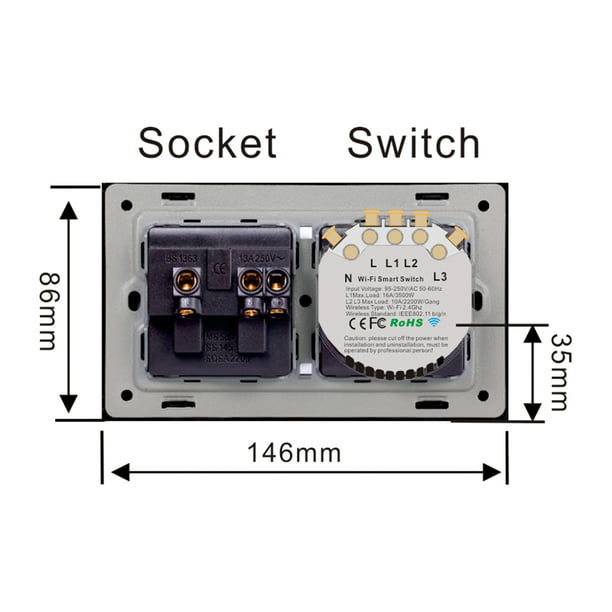 Interruptor inteligente Enchufe de pared inteligente con Wi-Fi de 95-250 V  con interruptor de luz táctil de 2 bandas Control remoto de la aplicación Smart  Life, control de voz, control táctil Compatib