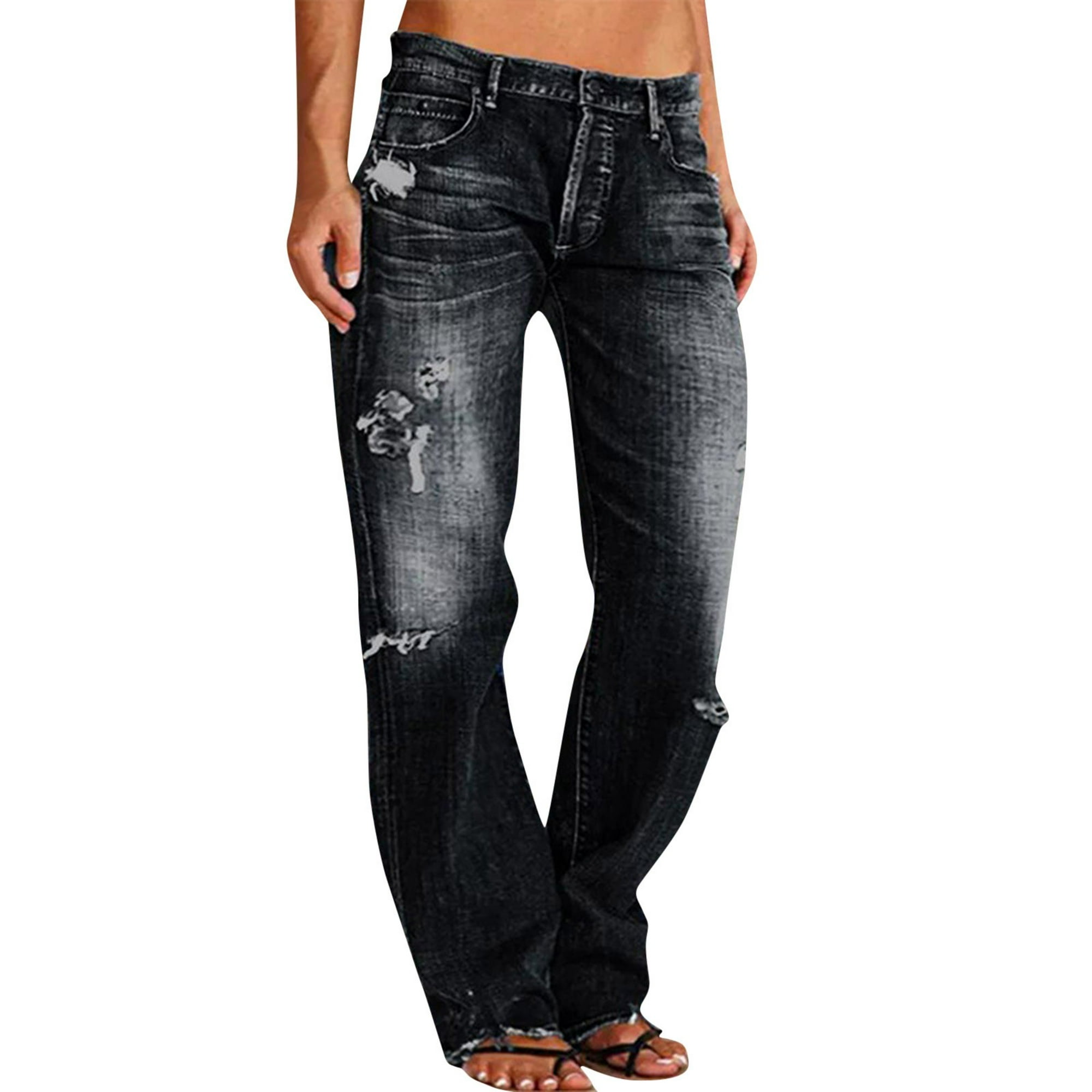 Gibobby Cintura de mezclilla recta para mujer Jeans de cintura con  dobladillo rasgado para mujer (Negro, M)