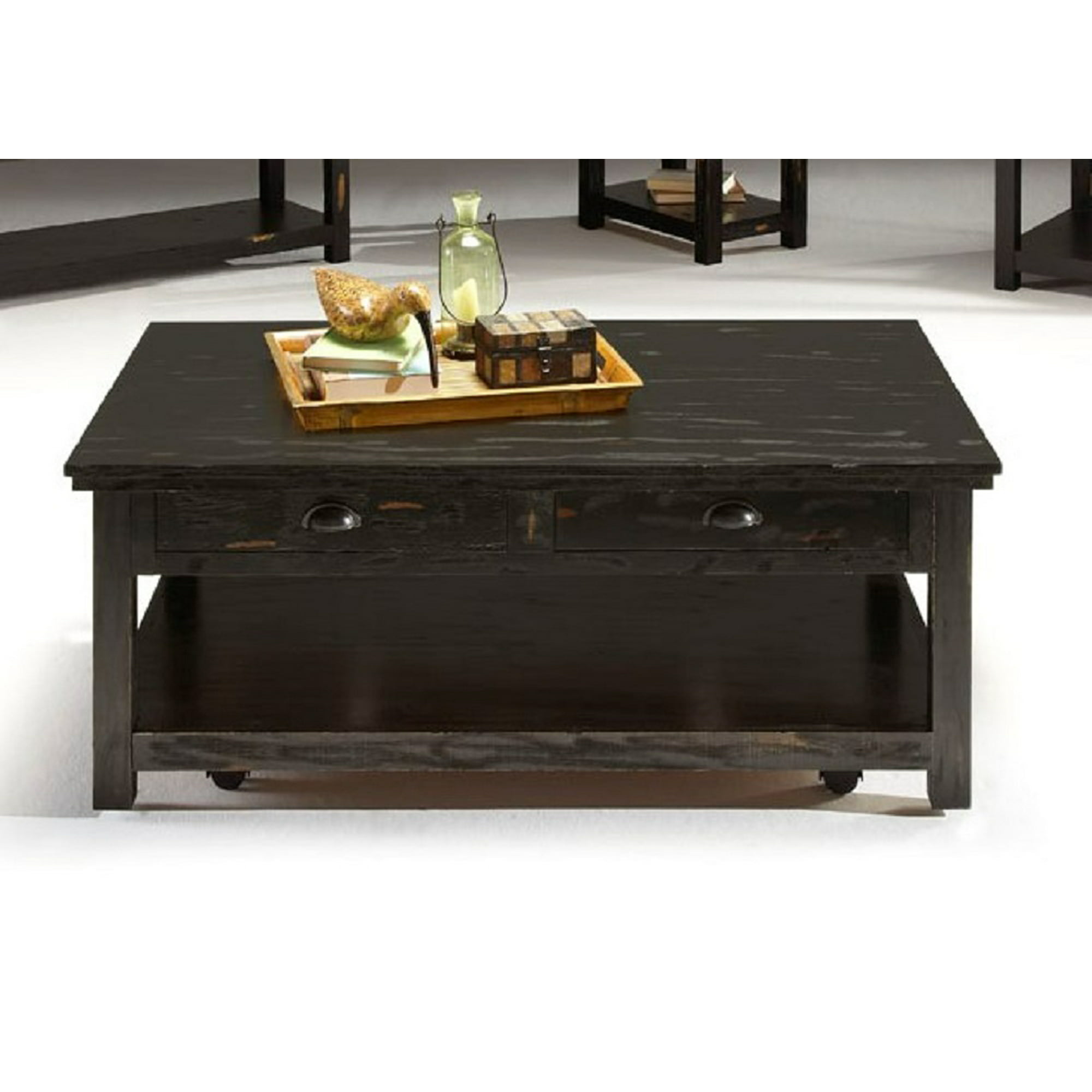  Mesa de centro negra, mesa de madera maciza con estante de  almacenamiento para sala de estar, mesas de centro industriales modernas  con marco resistente, fácil montaje : Hogar y Cocina
