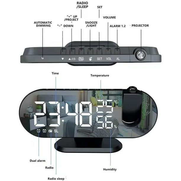 Reloj despertador digital, reloj despertador de proyección con radio LED de  7,3 pulgadas Proyector de 180° Reloj despertador moderno con superficie de  espejo con función de repetición/2 sonidos de alarma/4 atenuadores/cargador  de