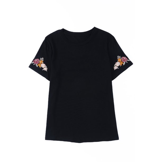 Camiseta básica mujer negro cuello redondo bordado