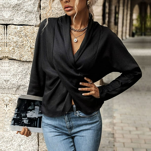 Jersey manga larga con escote cruzado negro mujer