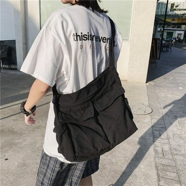 Bolso de hombro juvenil literario ins bolso de lona de gran capacidad que combina con todo bolso de clase de estudiante de verano bolso de mensajero bolso de mujer, negro ShuxiuWang