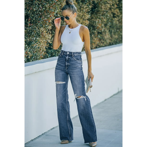 Jeans sueltos de pierna recta rasgada azul cielo de tiro alto para mujer ABPHQTO | en línea