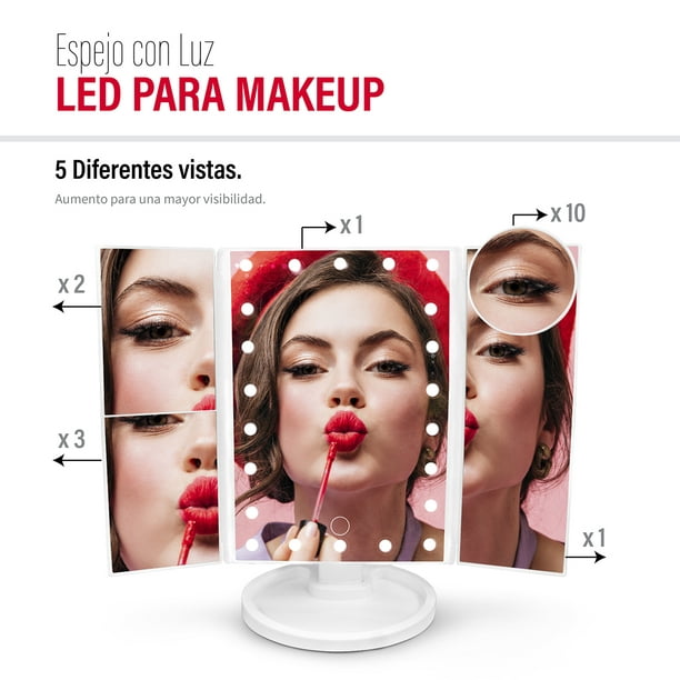 Espejo Luz Led Maquillaje Aumento A Pila Soporte De Pared