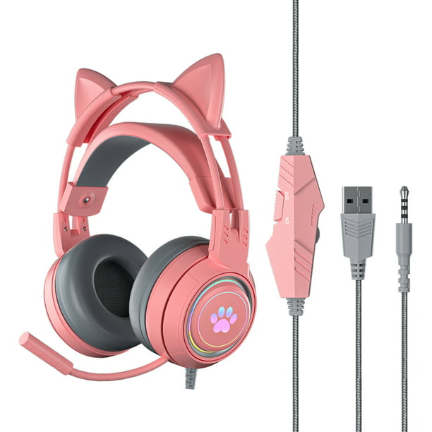Auriculares para juegos de orejas de gato con cable AUX de 0.138 in, luz  LED con cancelación de ruido, auriculares estéreo plegables sobre la oreja