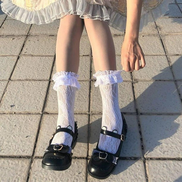 4 pares de calcetines de encaje para mujer y niña, con volantes, de  algodón, con lazo, Kawaii, calcetines de Lolita, calcetines blancos altos  hasta el muslo, calcetines lindos de pantorrilla, calcetines de
