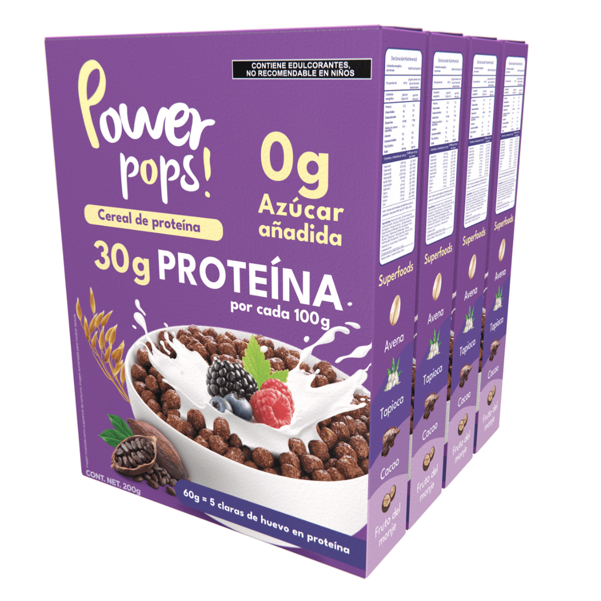 Power pops! 4 pack cereal con 30% de proteína de suero de leche sin azúcares añadidos con delicioso sabor a chocolate 800 g