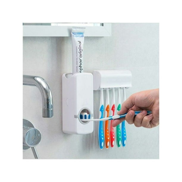 Dispensador de pasta de dientes blanco con soporte para cepillo de dientes,  exprimidor automático de pasta de dientes, kit de limpieza portátil a prueba  de polvo con soporte para cepillo de dientes