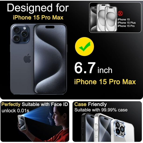 Ferilinso Paquete de 4 Protectores de Pantalla para iPhone 15 Pro Max con 4  Paquetes Protector de Lente de cámara de Vidrio Templado Funda para  teléfono Ultra Accesorios Protector de Pantalla para
